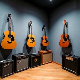Modern guitar studio interior with acoustic panels and premium equipment