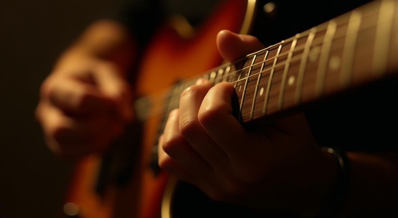 Close up of hands playing an electric guitar