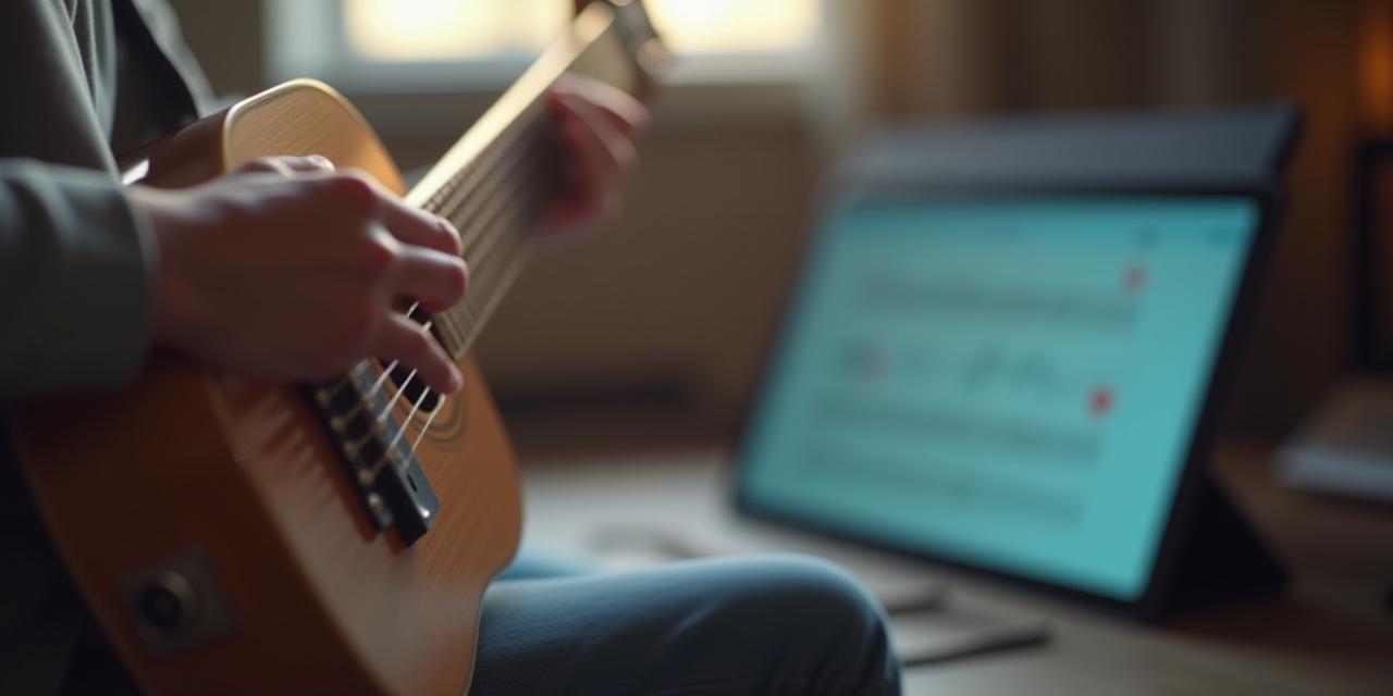 Close up of a guitarist analyzing sheet music on a tablet next to a classic wooden guitar