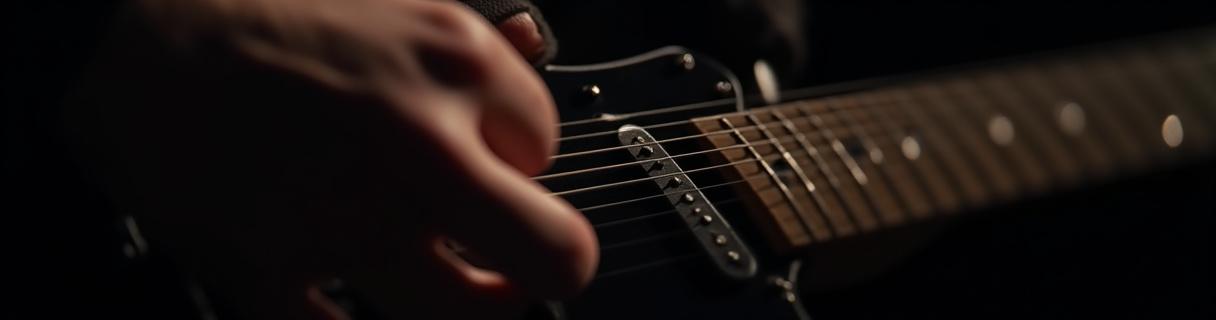 Close up of a professional guitarist's hands illustrating complex finger positioning on a fretboard